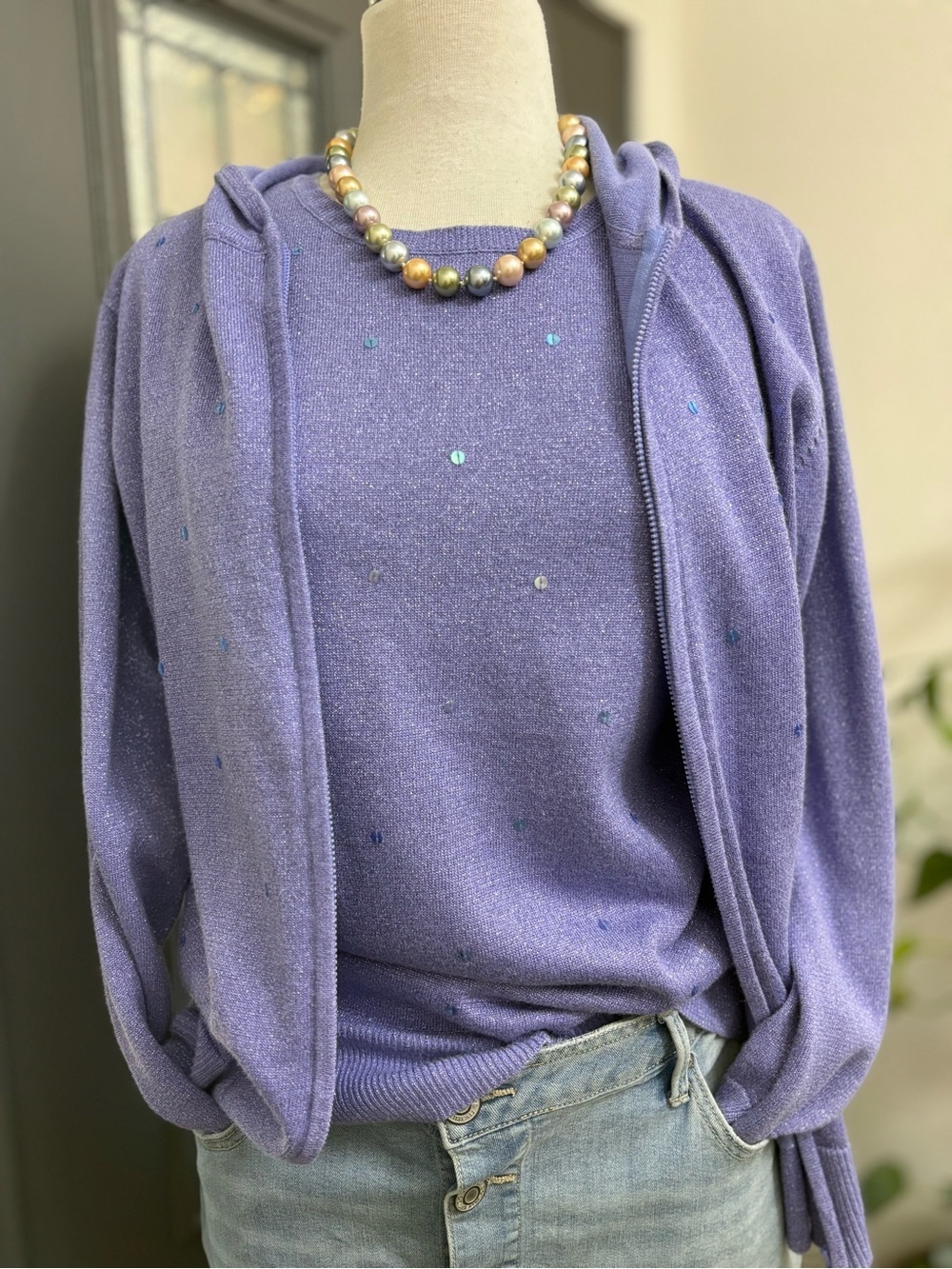 NWOT Vintage Quacker Factory Metallic Sequence Tank Hoodie Knit Sweater Set